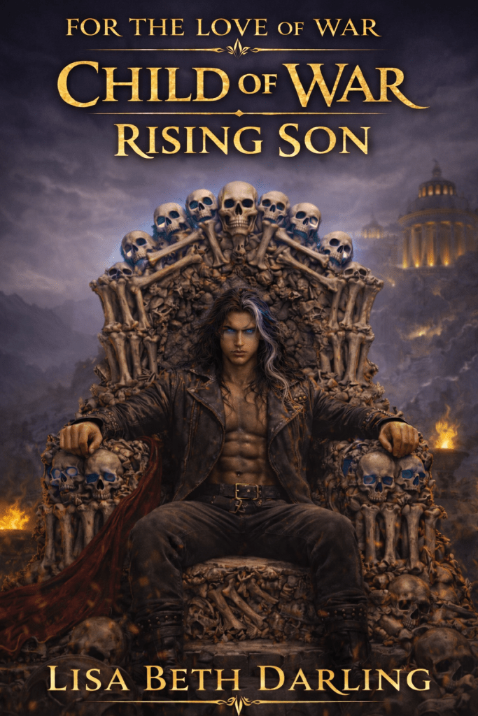 child of war rising son raven sits on ares throne of bones against a background of olympus