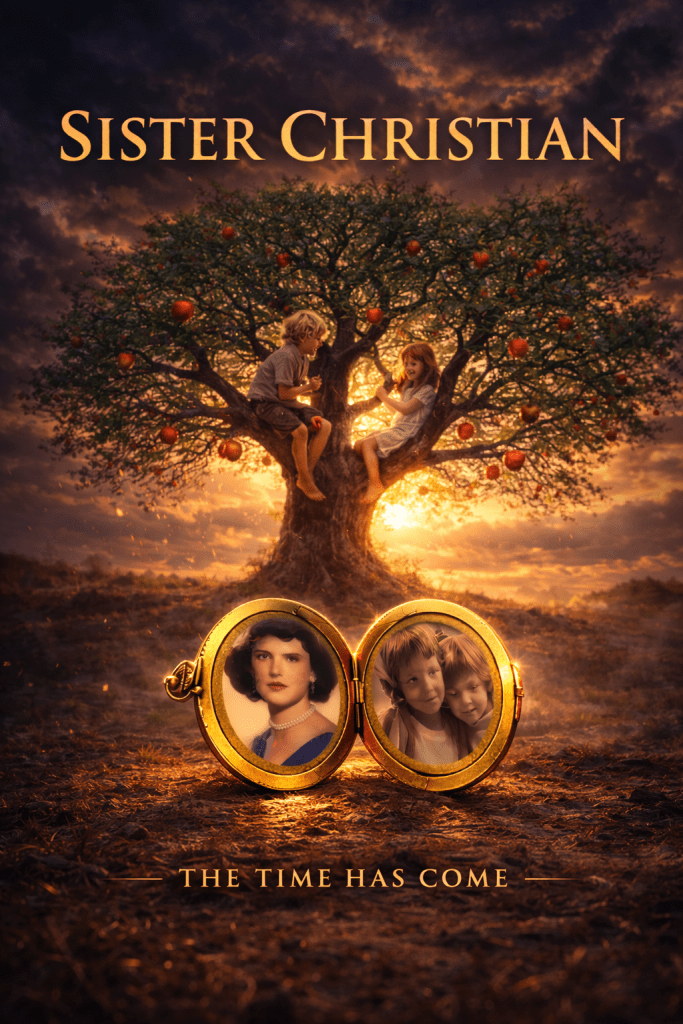 sister christian series cover  lisa beth darling apple tree with kids playing open locket showing a woman and two children
