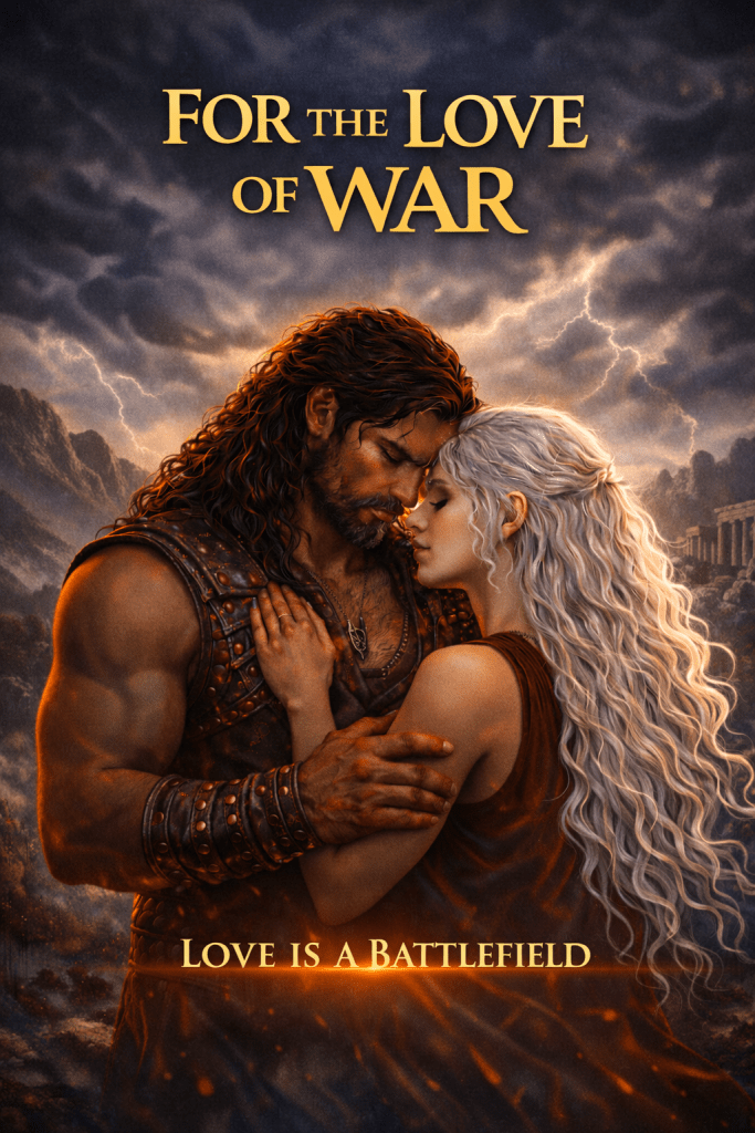 for the love of war lisa beth darling ares and alena embrace against a back drop of olympus