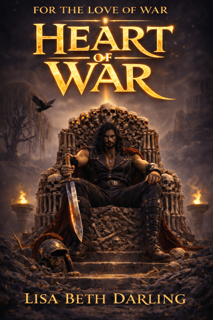 the heart of war ares sits on his throne of bones bloody sword in hand behind him is a back drop of olympus and a willow tree with a raven