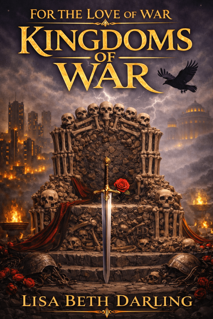 kingdoms of war ares throne of bones sits empty with one red rose on the seat a city burns in the background while olympus crumbles