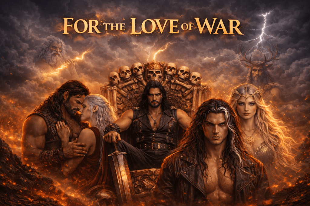 for the love of war series banner ares alena and rave against a stormy background