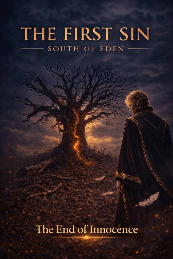 the first sin south of eden lisa beth darling dying tree with fiery crack and serpent lucifer stands sadly in the foreground 