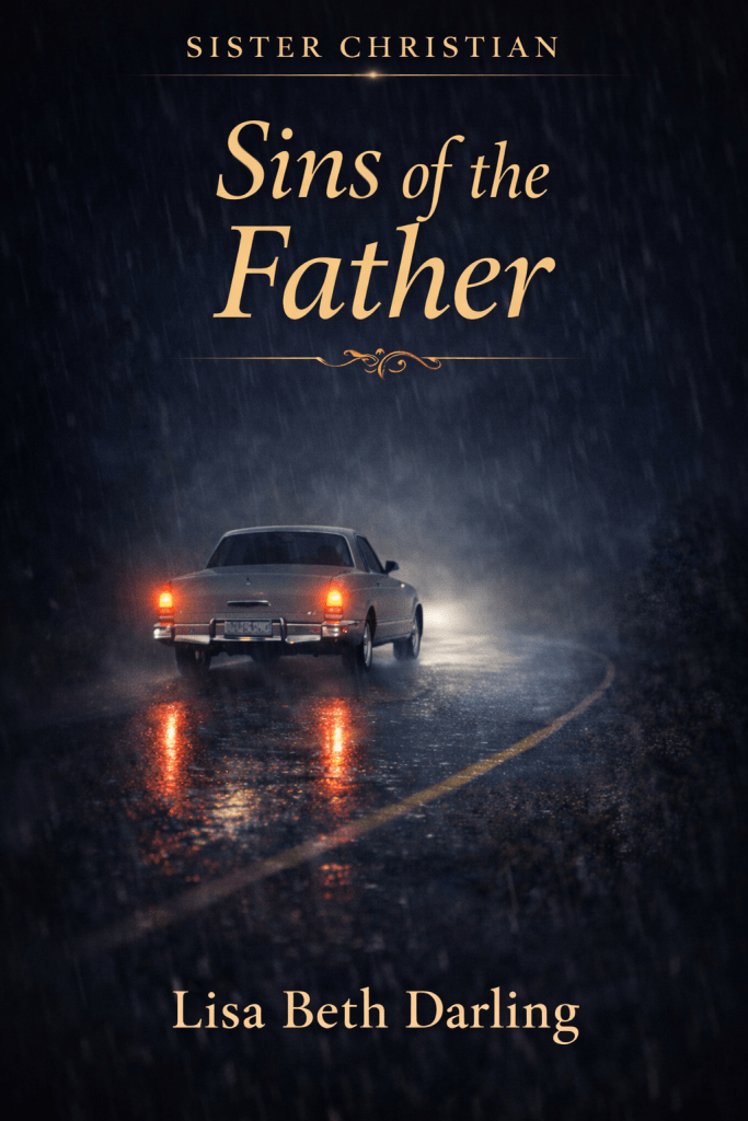 sins of the father lisa beth darling classic car driving down a lonely dark road in the rain