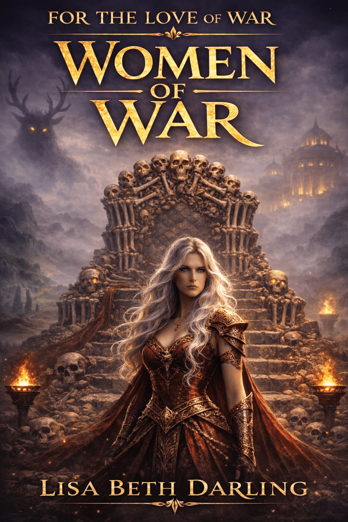 women of war alena stands before ares throne of bones against a back drop of cernuous and olympus