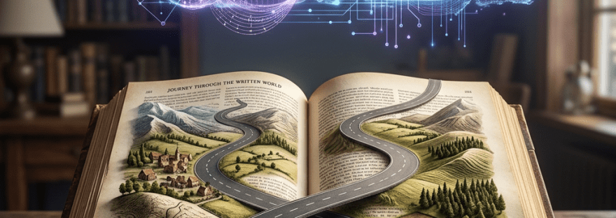 Open book with illustrated landscape and winding road, digital cloud with binary code above