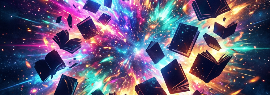Books floating in a colorful cosmic explosion with bright streaks of light