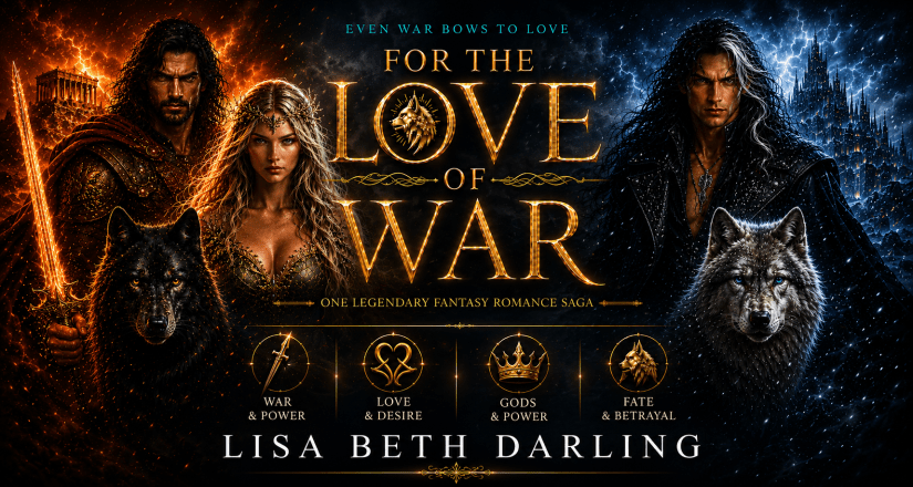 for the LOVE of WAR series banner Ares, Alena and Raven stand together with two wolves
