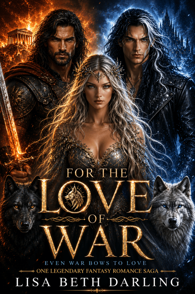 For the love of war series banner Ares, Alena, and Raven stand defiant with wolves at their sides.