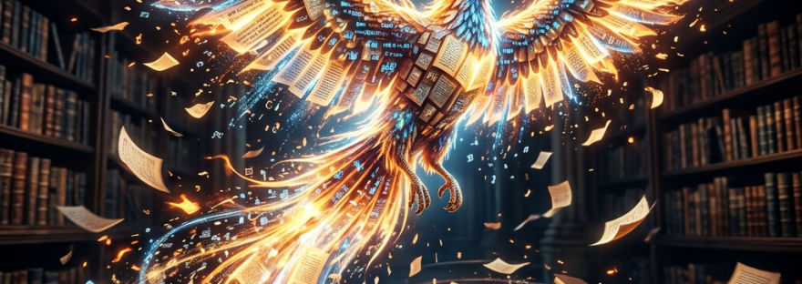 A fiery phoenix with wings made of glowing books and pages flying inside an old library