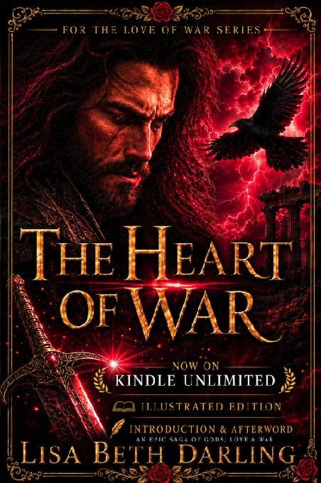 the heart of war book cover Ares sits brooding against a fiery backdrop with his sword at the ready while a raven flying behind him. The ruins of Olympus are below.