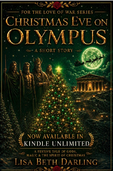 christmas eve on olympus book cover a christmas tree sits atop Olympus while the gods stand disapprovingly in the background. Santa's sleigh flies across the moon.