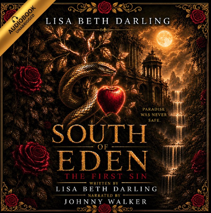 south of eden book cover a golden snaked holds a shiny red apple in its mouth. In the background is a dying eden.