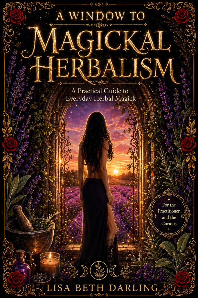 Book cover of 'A Window to Magickal Herbalism' featuring a woman in a black dress standing in a doorway with a view of a lavender field at sunset, surrounded by herbs and candles.