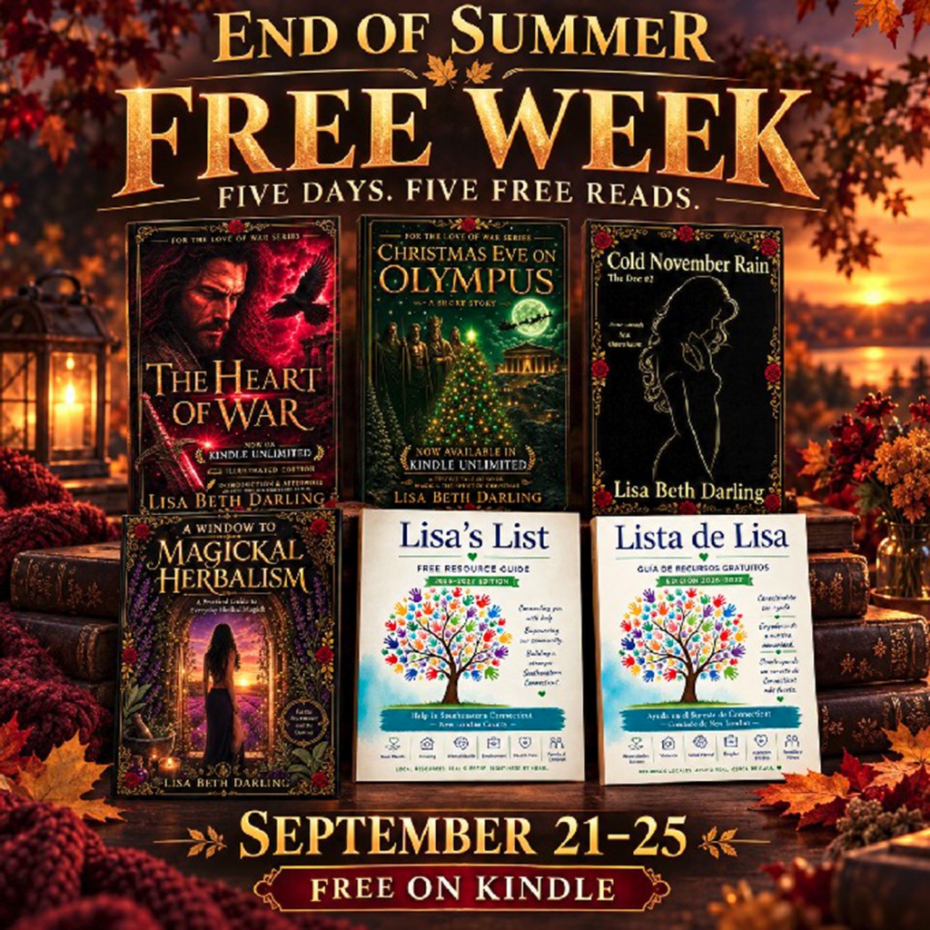 Promotional graphic for 'End of Summer Free Week' featuring five book titles by Lisa Beth Darling, including 'The Heart of War' and 'Christmas Eve on Olympus', with dates September 21-25 and 'Free on Kindle' highlighted.