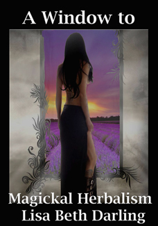 Book cover for 'A Window to Magickal Herbalism' by Lisa Beth Darling, featuring a silhouette of a woman with long hair standing in front of a window overlooking a purple landscape.