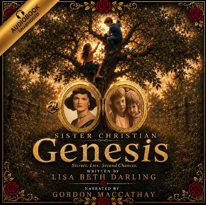 genesis book cover children play in an apple tree as a golden sun sets behind them before them sits a locket with old photographs displayed